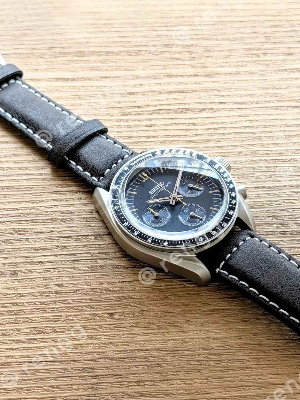 40mm Titanium Seiko Chronograph Black Dial Mod Watch with Brown Strap